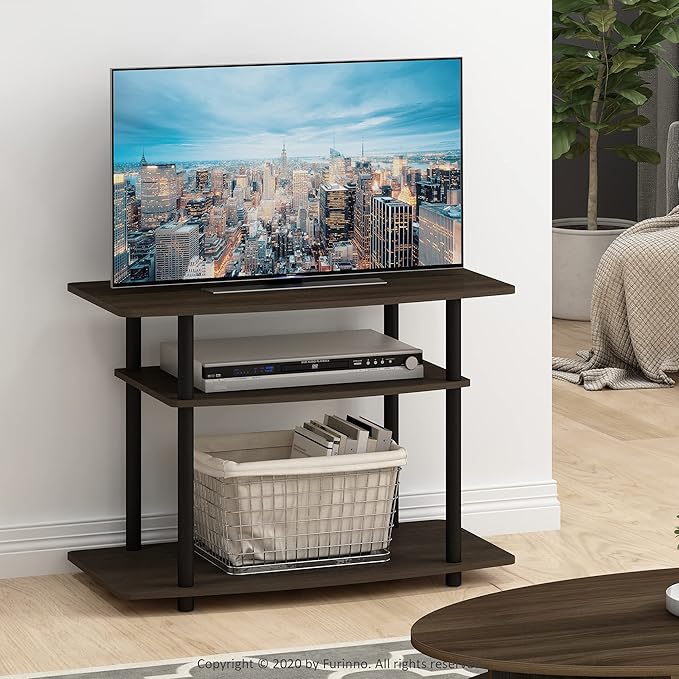 Furinno Turn-N-Tube No Tools 3-Tier Entertainment Center TV Stand for TV up to 32 Inch Plastic Round Tubes Dark Brown/Black