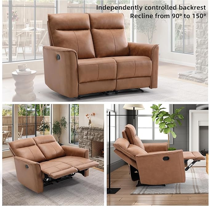 CANMOV Manual Loveseat Recliner Sofa Wall-Hugger 2 Seat Reclining Love Seat Couches Leathaire Reclining Sofa Set Double Seater Recliner Chair for Living Room Office Apartment Brown