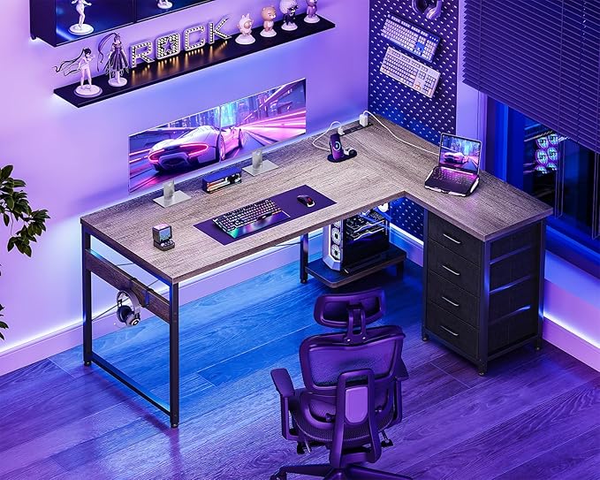 AODK L Shaped Gaming Desk with 4 Drawers 53 Reversible Home Office Desks with Power Outlets L Shaped Computer Desk with USB Charging Port and Host Stand Corner Desk Easy to Assemble Grey