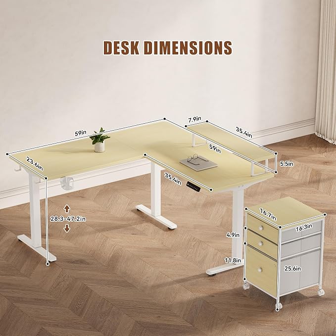 Flycity Electric L Shaped Standing Desk with File Cabinet 59 x 59 Corner Computer Desk with Drawers Dual Motor Stand Up Desk with Storage Home Office Standing Desk Adjustable Height Maple