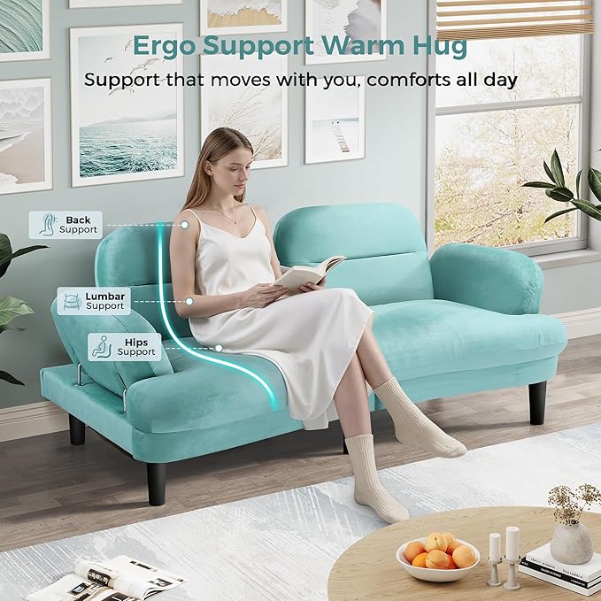 79” Futon Sofa Bed Sleeper Sofa Convertible Sofa Bed with Adjustable Backrest and Armrests Luxury Velvet Cloud Loveseat Convertible Recliner Sleeper Sofa for Living Room Bedroom Apartment Green