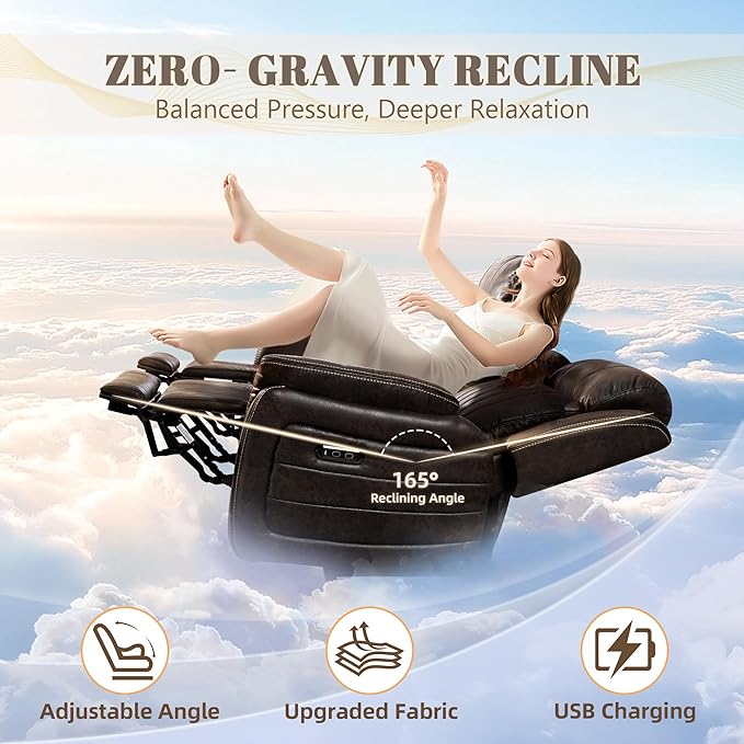 Zero Gravity Power Recliner Sofa Couch – Electric Reclining Sofa with Drop Down Table 3 Seater Dual Reclining Couch with Adjustable Headrests for Living Room (Foil Fabric Brownish Gray)