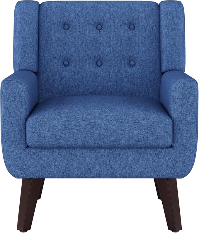 Accent Chairs Mid-Century Modern Upholstered Living Room Armchair Comfy Oversized Linen Fabric Single Reading Arm Chair with Tufted Back and Wood Legs for Bedroom Club (1 Navy)
