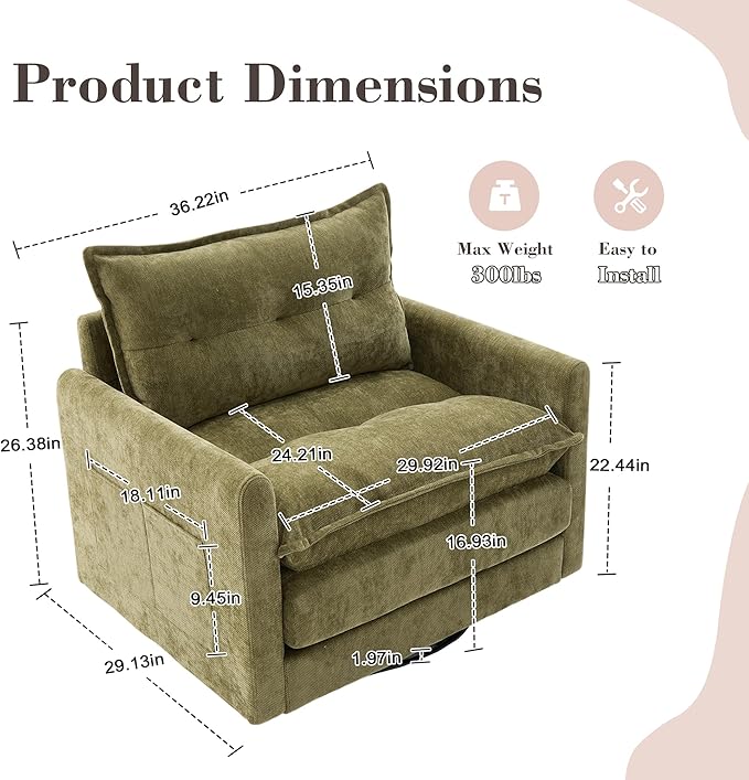 Oversized Swivel Chair 36 Chenille Swivel Armchair Accent Chair for Living Room Mid Century Modern Comfy Thick Padded Arm Chairs Green