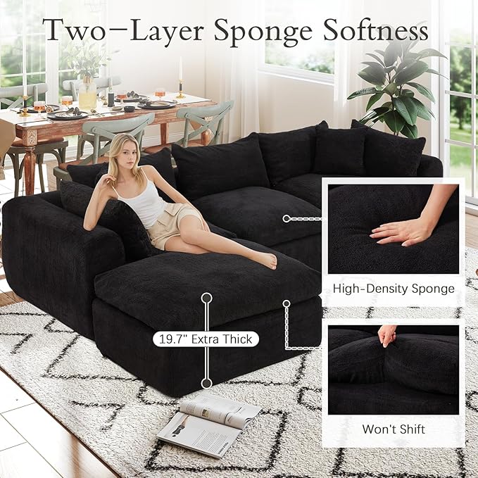 AVAWING 113 Modular Sectional Sofa Modern L Shaped Cloud Couch with Deep Seat &amp Ottoman Soft Boneless Sofa with Chaise for Living Room &amp Bedroom No Assembly Needed (Black)