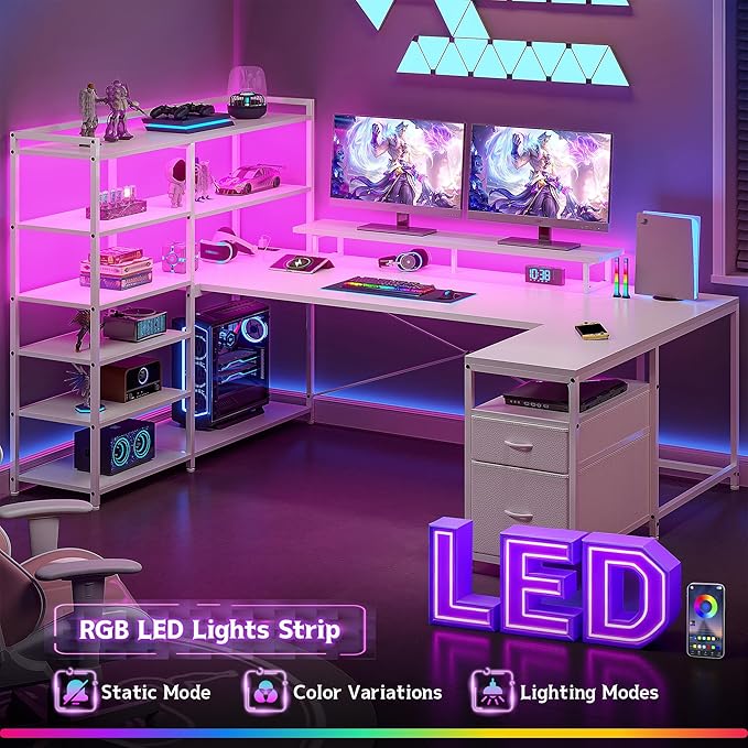 Computer Desk with 6 Storage Shelves &amp 2 Fabric Drawers63'' L Shaped Gaming Desk with Power Outlet &amp LED Strip Reversible Office Desk with Monitor Stand White