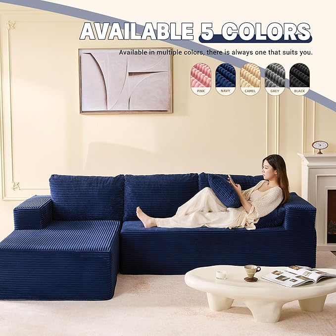 107 Boneless Couch with Deep Seat Set of Modular Sectional Sofa Cloud Sectional Couch for Living Room No Assembly Required Corduroy L-Shape Left Blue
