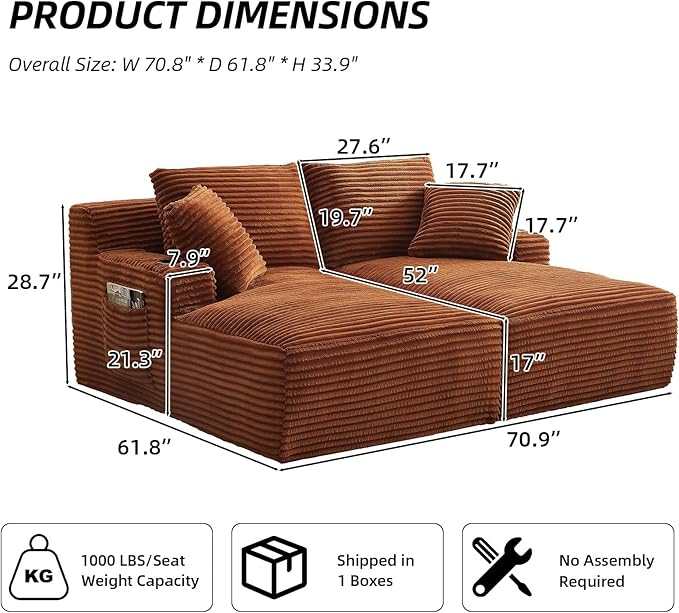 Oversized Double Chaise Lounge Chair Indoor Fluffy Upholstered Corduroy Sofa Bed with Throw Pillows Comfy Sleeper Deep Seat Sectional Loveseat Sofa Couch for Living Room (Orange)