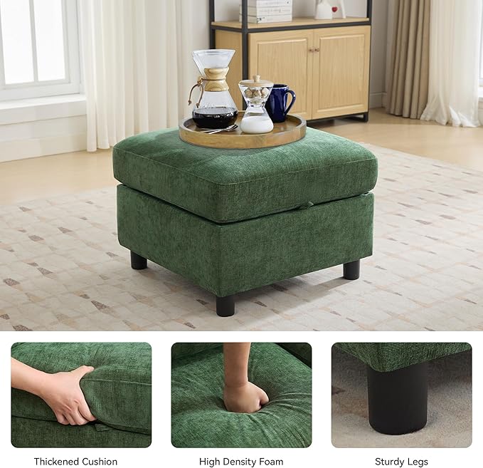 25”Square Storage Ottoman Module for Modular Sectional Sofa Living Room Coffee Table Sectional Ottoman Footrest for Convertible Couch Chenille Dark Green