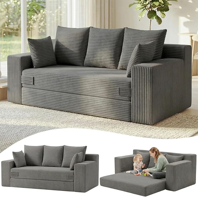 Oversize Loveseat Boneless Convertible Sofa Bed Folding Floor Futon Sleeper Sofa Queen Size Couch Bed- Boneless Foldable Couch Corduroy Pull Out Sofa Bed with 5 Pillows for Living Room &amp Bedroom