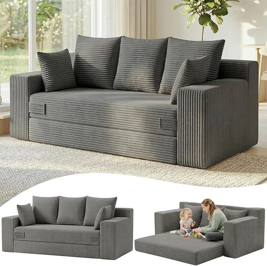 Oversize Loveseat Boneless Convertible Sofa Bed Folding Floor Futon Sleeper Sofa Queen Size Couch Bed- Boneless Foldable Couch Corduroy Pull Out Sofa Bed with 5 Pillows for Living Room &amp Bedroom