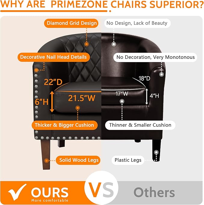 PrimeZone Barrel Chair Comfy Accent Chair Faux Leather Living Room Chairs Club Chairs with Cushion Nailhead Trim and Diamond Mesh Backrest Reading Chairs for Bedroom Waiting Room 4PCS Brown
