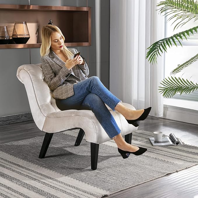 KINFFICT Velvet Accent Lounge Chair for Living Room Modern Leisure Chair with Tufted Backrest Indoor Armless Side Chair Upholstered Bedroom Sleeper Chairs with Solid Wood Legs