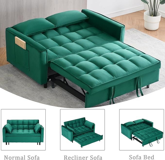 55 Sleeper Loveseat3 in 1 Sofa BedPull Out Couch Bed with 2 Pillows and Side PocketsVelvet Convertible Bed for Small Spaces Living Room (Green)