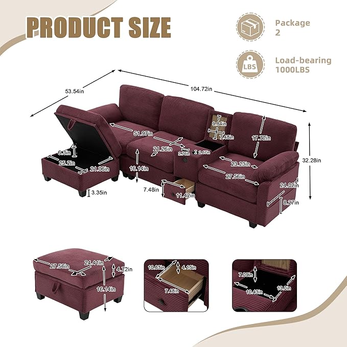 KEIKI 105 L-Shaped Oversized Corduroy Modular Sectional Sofa with 1 Ottoman and Multi Functional Console 4-Seater Upholstered Couch with USB and 2 Cup Holder Easy Assembly for Living Room Red