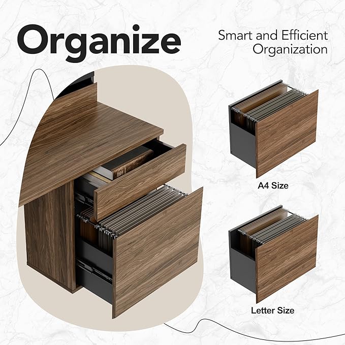 HUANUO Standing Desk with Drawers and File Cabinet 47 Inch Electric Height Adjustable Desk with Storage Ergonomic Stand Up Table Compatible with Monitor Stand Black Walnut