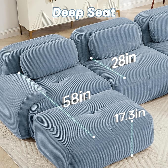 153 Foam Compressed Cloud Sofa28 Feep Seat Pet-Friendly Corduroy Oversize Sectional Couch with Movable Ottoman 4 Seater Modular Cloud Couch for Living Rooms Apartments Leisure RoomsBlue