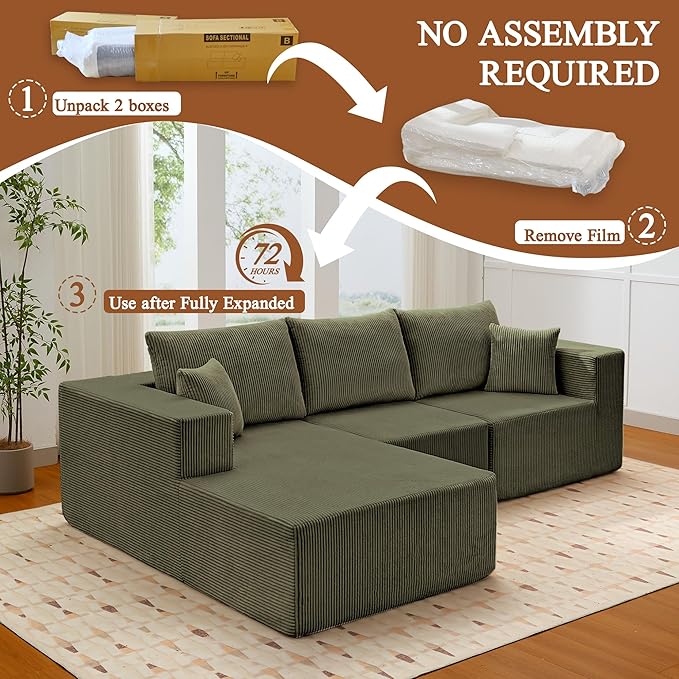 Modular Sectional Sofa for Living Room 108 Cloud Couch Sectional with L-Shape Chaise Modern Upholstered Corduroy Boneless Couch with Memory Foam Deep Seat No Assembly Required (Green)