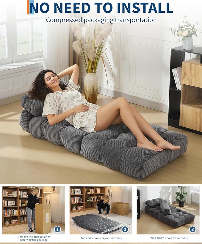 Garvee 3-in-1 Folding Convertible Sofa Bed with Pillow Foldable Matress with Back Support Comfy Portable Sleeper Chair Floor Sofa Lounge for Living Room Bedroom No Assemble Required Grey Single