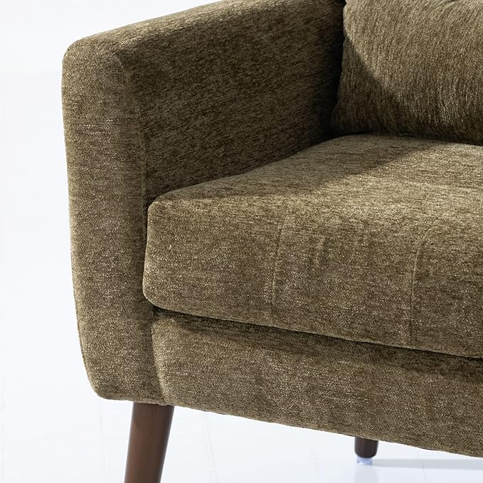 Modern Accent ChairChenille Arm Chairs for Living RoomUpholstered Mordern ArmchairComfy Soft Padded Lounge Chair in Small Space Bedroom w/Pillow Solid Wood Leg (Olive Green)