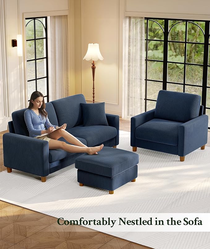 25.2 Couches for Living Room Comfy Blue Ottoman with Storage Foot Rest Tool-Free Setup Small Ottoman Foot Rest for Couch Corduroy Couch for Bedroom Apartment Office