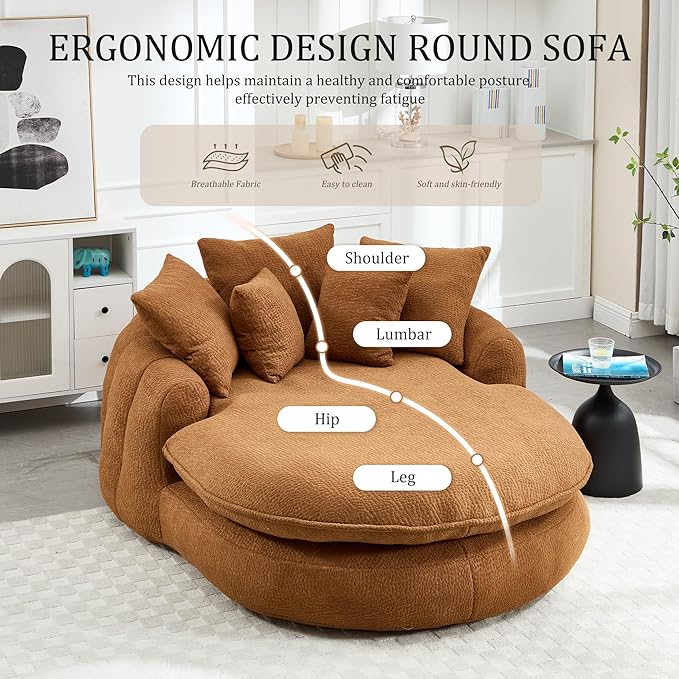 KEIKI 71 Chenille Round Boneless Sofa Couch Oversized Chaise Lounge Chair Couches Indoor No Assembly Required Floor Lazy Bean Bag Modern Sleeper Sofa Bed for Living Guest Room &amp Bedroom Brown