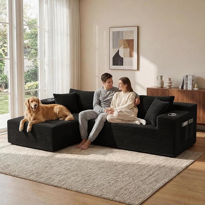 Bashaw 108 Modular Sectional Sofa Couches with Chaise L-Shape Boneless Couch Deep Seat Upholstered Boneless Sectional Couch for Living Room (Black 108 Left Facing Chaise) | Sectional Boneless L-