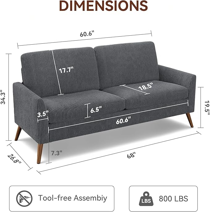 Vipbear 68 Loveseat Sofa - Dark Grey Comfy Corduroy with Spring Cushion Solid Wood Frame Modern Deep Seat Bedroom &amp Living Room Office Small Couch