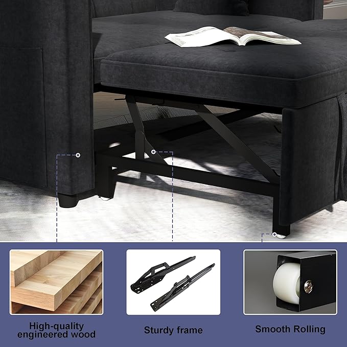 Loveseat Sleeper Sofa Bed Couch: Queen Sleeper Chair Pull Out Bed for Living Room Black Velvet Couch Beds for Small Spaces 3 in 1 Convertible Sofa with Armrests