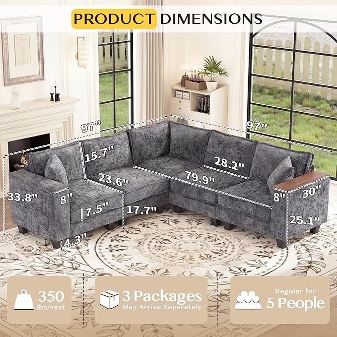 97 L Shaped Sectional Couch Comfy Chenille Sectional Couch Modular Convertible V Shaped Couch 5 Seat Corner Sofa with 2 Pillows &amp Storage Armrests for Living Room Grey