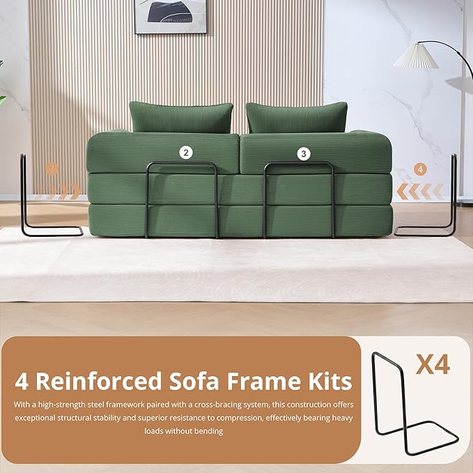 4-in-1 Folding Convertible Sofa Bed 78 Inch Oversized Corduroy Loveseat Sleeper with Pull Out Bed Boneless Futon Couch for Living Room Bedroom No Assembly Needed Green