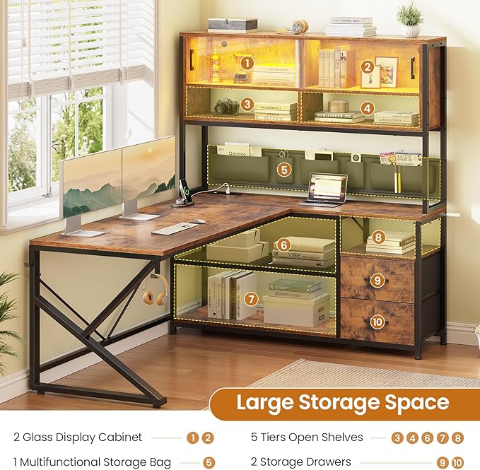 SEDETA L Shaped Computer Desk Home Office Desk with 2 Drawer and Bookshelf L Shaped Gaming Desk with LED Light Glass Cabinet and Storage Bag Corner Desk with Storage Shelves Rustic Brown