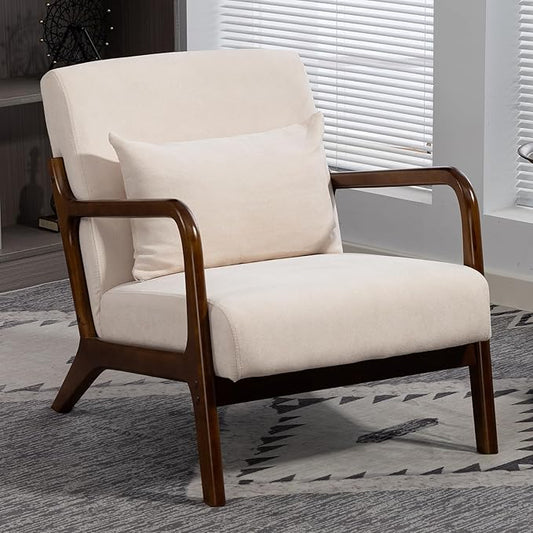 Minimalist Accent Chair Velvet Upholstered Mid-Century Modern Chair with Pillow Lounge Arm Chair with High Backrest Comfy Reading Chair for Living Room Balcony (White-Dark Brown)