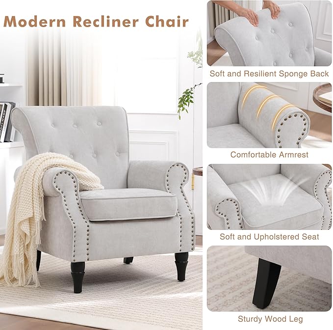 Wingback Accent Chairs Set of 2 for Living Room Comfy Upholstered Armchair with Removable Cushion Reading Chair with Nailhead Trim and Wood Legs Single Chair for Living (Light Grey)