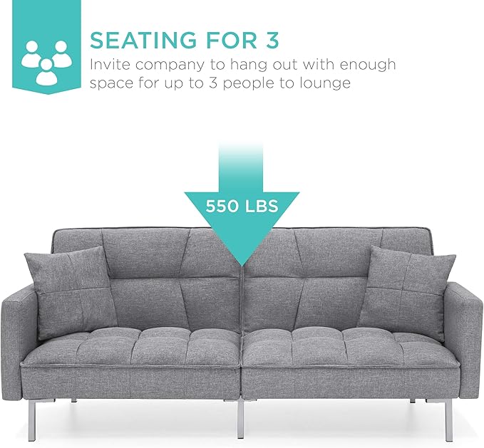 Best Choice Products Convertible Linen Fabric Tufted Split-Back Plush Futon Sofa Furniture for Living Room Apartment Bonus Room Overnight Guests w/ 2 Pillows Wood Frame Metal Legs - Dark Gray