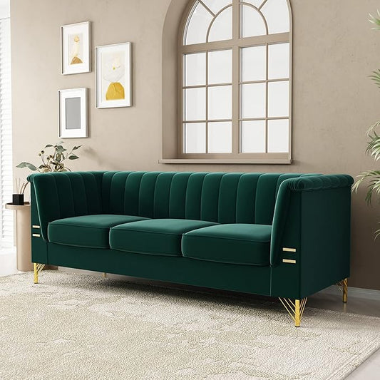 83.46 W Green Velvet Sofa Couch with Metal Gold Legs 3-Seater High Arm Upholstered Sofa for Living Room Bedroom Office (Green)