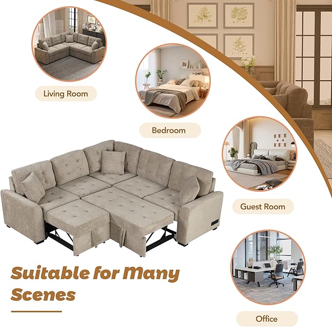 Velvet Fabric L-Shape Reversible Sleeper Sectional Sofa Couch 2 in 1 Pull Out Convertible Sofa Bed with Wheels and USB Ports for Living Room Apartment Office