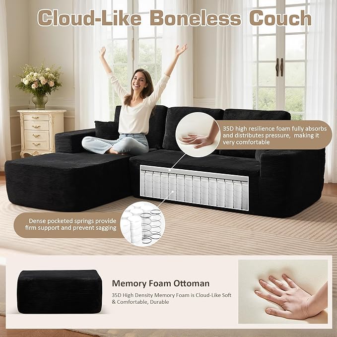 106 Cloud Sectional Couch with L-Shape Chaise &amp Ottoman No Assembly Modular Sofa Deep Seat Corduroy Boneless Couched for Living Room (Black Stripe Corduroy L Shape with Ottoman-Left Facing)