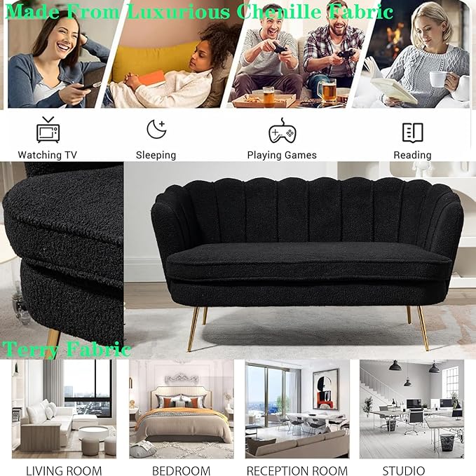 Black Modern Boucle Loveseat CouchFuton Small Sofa with Gold Metal Legs 2-Seater Upholstered Mini Sofa Couches for Small SpaceLiving Room Bedroom Office Dorm Studio Apartment Couche(Black)
