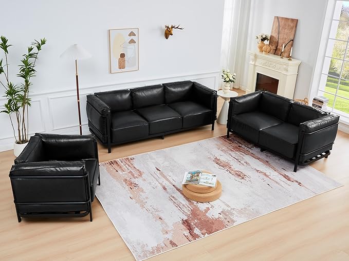 QHITTY 3 Seater Accent Sofa Mid-Century Modern Upholstered Couch Chair Faux Leather Sofa Couch with Iron Frame and Upholstered Armrest Backrest Cushion for Living Room Office Apartment (Black)