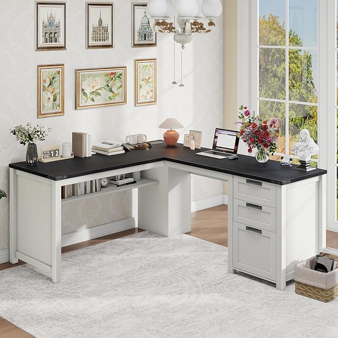 Farmhouse L Shaped Executive Desk with Drawers and Storage Shelf Corner Standing Desk with Charging Station L-Shaped Executive Desks for for Home Office Study Bedroom