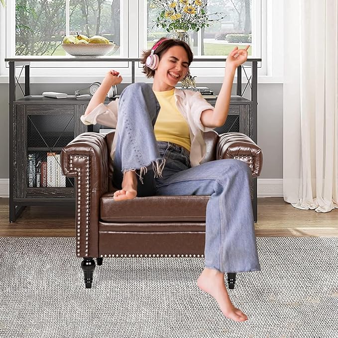 Modern Living Room Chairs Oversized Chesterfield Chair Brown Faux LeatherTufted Arm Accent Chairs Deep Seat Comfy Classic Club Wingback Single Sofa Chair for Bedroom Office Sofa Chair Sets