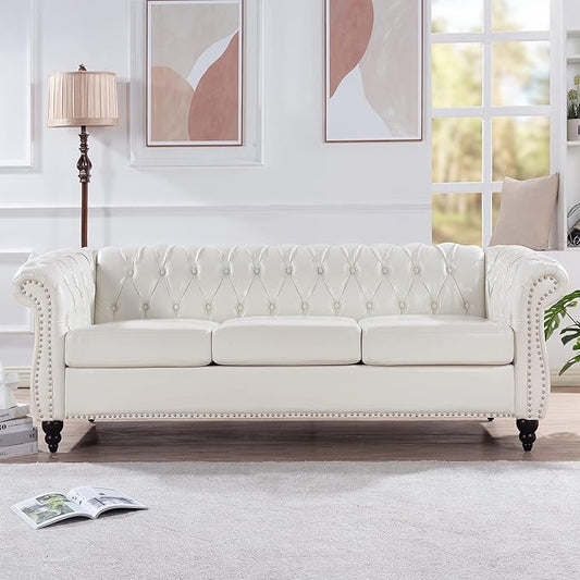 GDFStudio 85 Tufted Button Chesterfield Sofa with Deep Seat Cushions Rolled Arms &amp Gold Accent Strip 3-Seater Midcentury Modern Sofa for Living Room Classic Couch Furniture White + PU