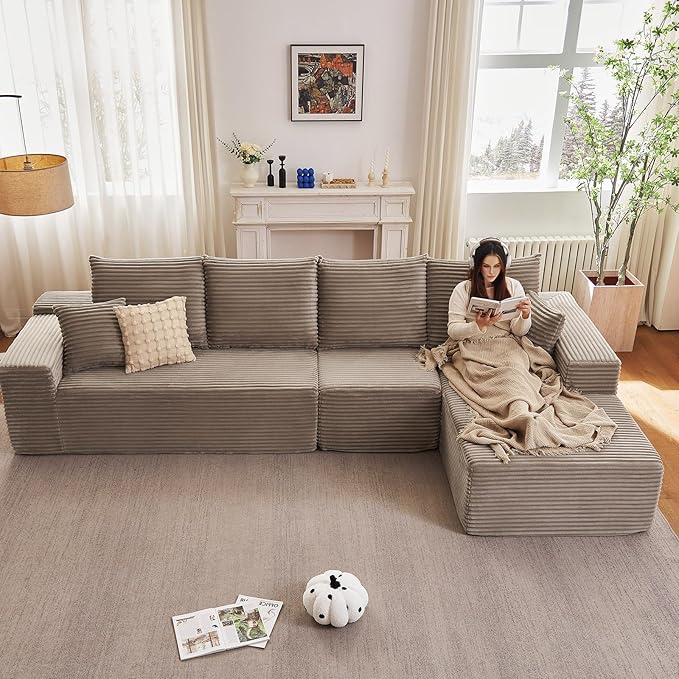 135 Cloud Sectional Couch with L-Shape Chaise Modern Modular Comfy Sofa Chaise Longue Upholstered Corduroy Couches Sleeper with Deep Seat for Living Room Bedroom No Assembly Required Camel