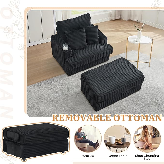 Chaise Lounge Chair Indoor 39 W Plush Corduroy Oversized Chair with Ottoman Upholstered Cozy Chaise with Cup Holder Modern Deep Seat Comfy Sofa Armchair for Living Room Bedroom(Black)