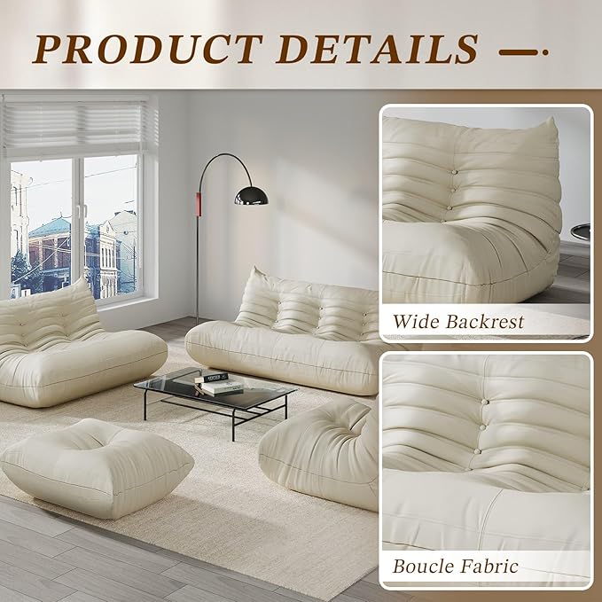 Comfy Lazy Floor Sofa CouchSoft Armless ChairFaux Leather Lounge ChairCorner Relax Sofa Couch for Living Room BedroomSalon OfficeAdults(Cream White)