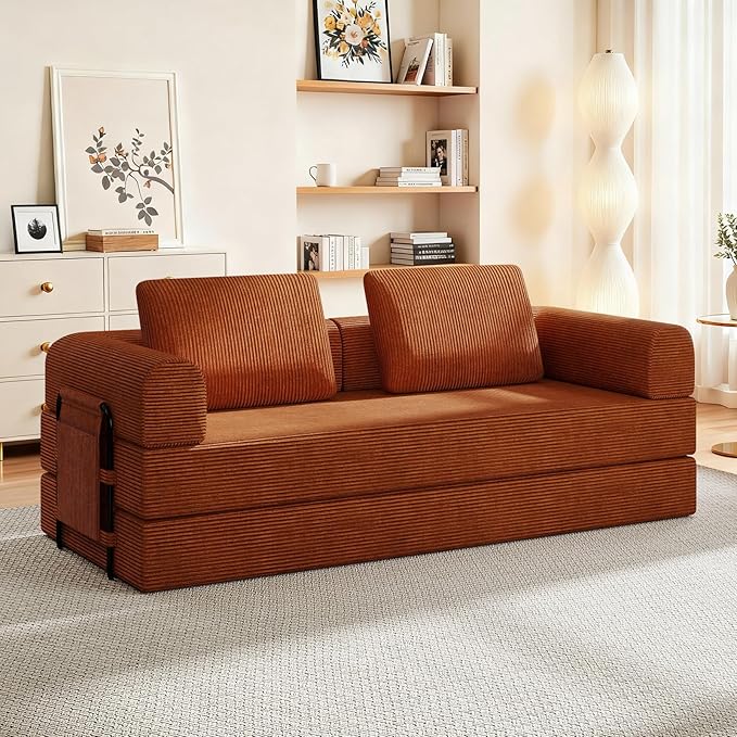 All-in-1 Folding Convertible Sofa Bed Boneless Futon Floor Couch Corduroy Fold Out Modular Lounge Comfy Loveseat Sleeper Lazy Cama for Living Room Bedroom Guestroom Orange（Narrow Stripes）