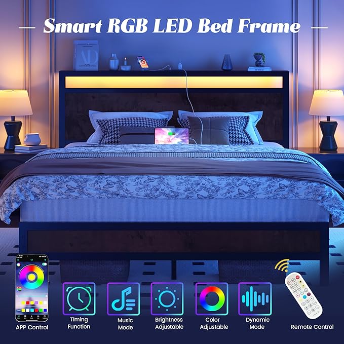 Queen Bed Frame with Headboard &amp Footboard Bed Frame with Built-in Charging Station &amp LED Light Storage Shelf Noise-Free No Box Spring Needed Easy Assembly Coffee Brown