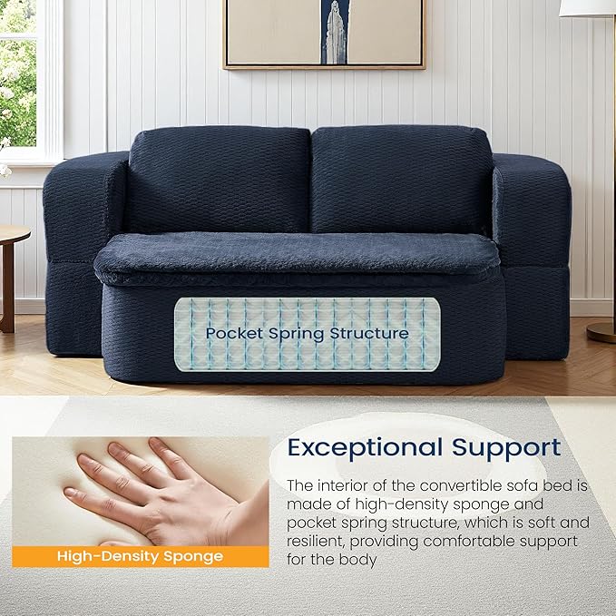 74.8 Inch Convertible Sleeper Sofa Bed Compressed Loveseat Sofa Folding Floor Mattress with Pillows and Blanket Small Couches for Living Room Bedroom Lounge No Assembly Required (Dark Blue)