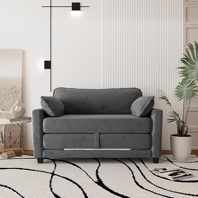 Convertible Sofa Bed Loveseat Sleeper Sofa with Side Storage &amp Solid Wood Frame Corduroy Small Couch Bed for Small Space Pull Out Floor Couch for Apartment Guest (Grey 51)